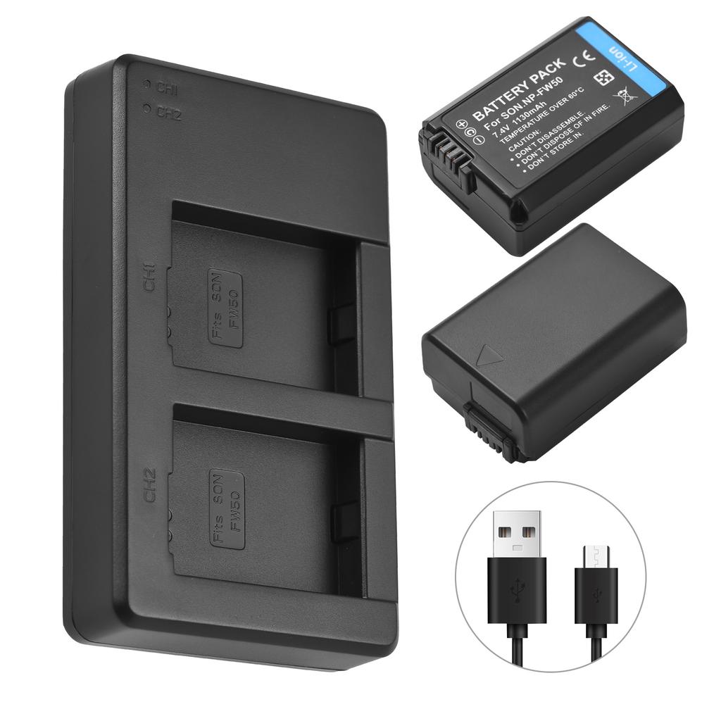 Camera NP-FW50 Battery & Charger Kit with 2-slot Battery Charger + 2pcs NP-FW50 Batteries 7.4V