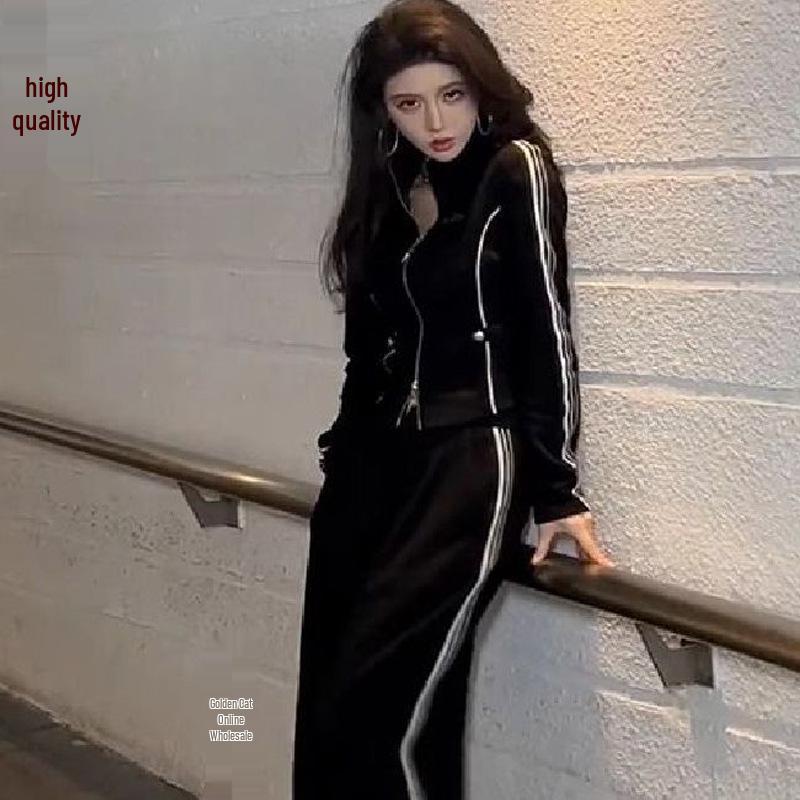 2026 Spring/Autumn Women s Korean Style Hooded Cardigan Sweatshirt Casual Two-Piece Set XXL чёрный