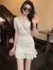 Sporty Polka Dot Knit Twopiece Set For Women With Short Skirt And Bubble Sleeve Design