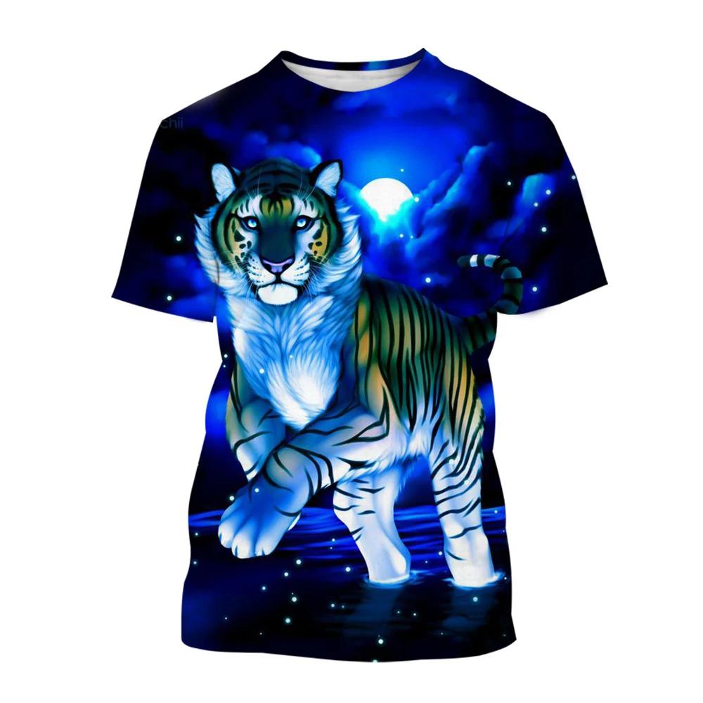 Men's T-Shirt Cute Tiger 3D Print Fashion Cartoon Pattern Short Sleeve O-Neck Pullover Top Leisure Loose Comfortable Clothing