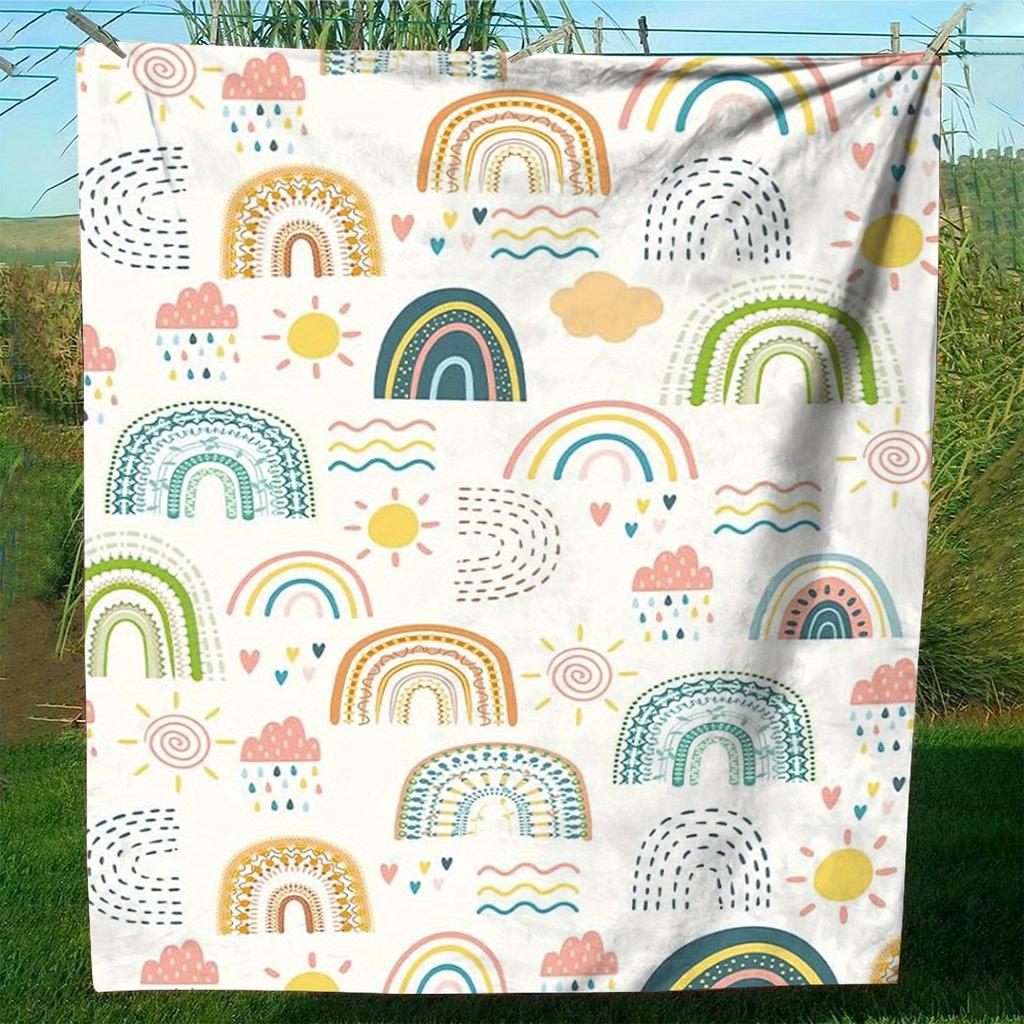 1pc Colorful sun and cloud pattern blanket, polyester fabric, machine washable, suitable for bedroom and living room decoration