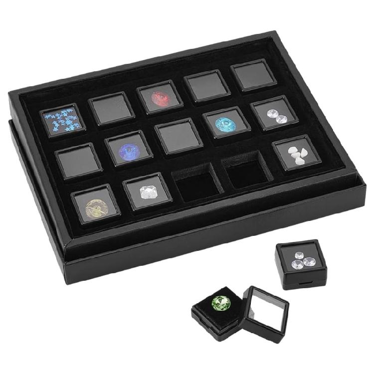 15Pcs Compact 3Cm Square Jewelry Storage Boxes With Clear Covers And PU Padding For Secure Gems Protections