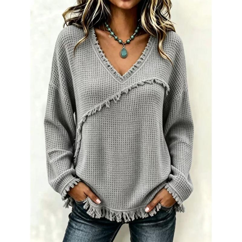 Women S Casual V Neck Long Sleeve Solid Color Shirt