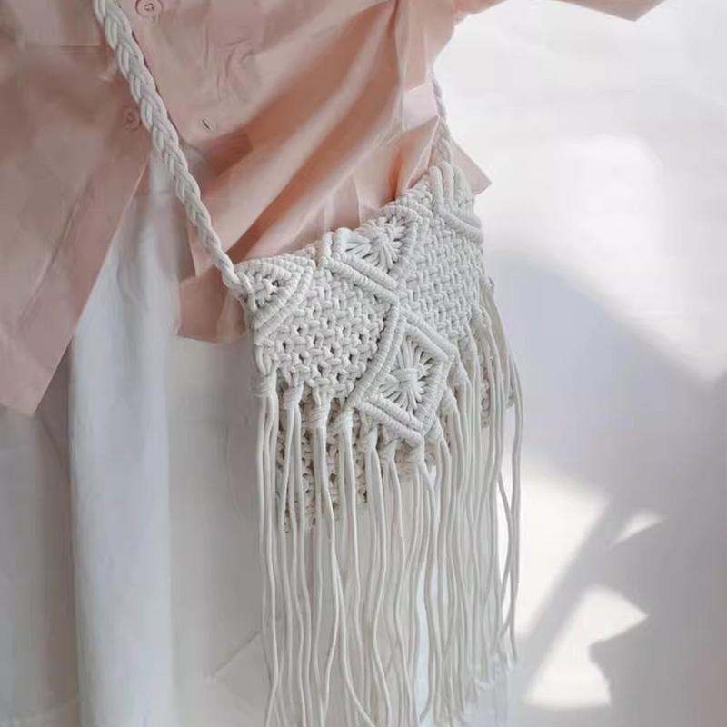 New Casual Handmade Crochet Braid Fringed Bag Women Tassel Knitted Handbag Female Beach Bohemian Shoulder Messenger Bag