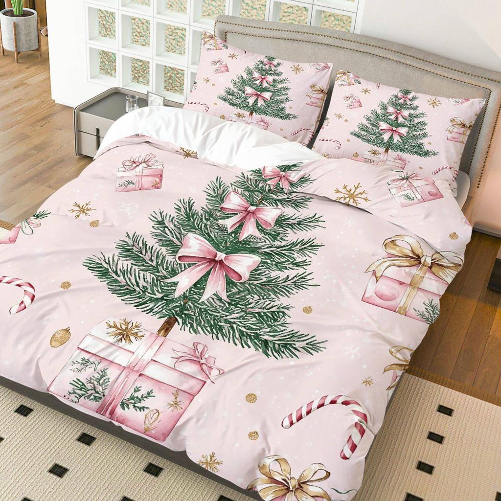 [Christmas Duvet Cover Set] 3Pcs Christmas Tree & Candy Cane Duvet Cover Set - Pink Bow, Golden Snowflake Design, Polyester