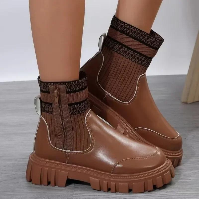 Women  On Sale High Quality Side Zipper Women's Boots Autumn Round Toe Mixed Colors Short Barrel Low Heel Rider Boots