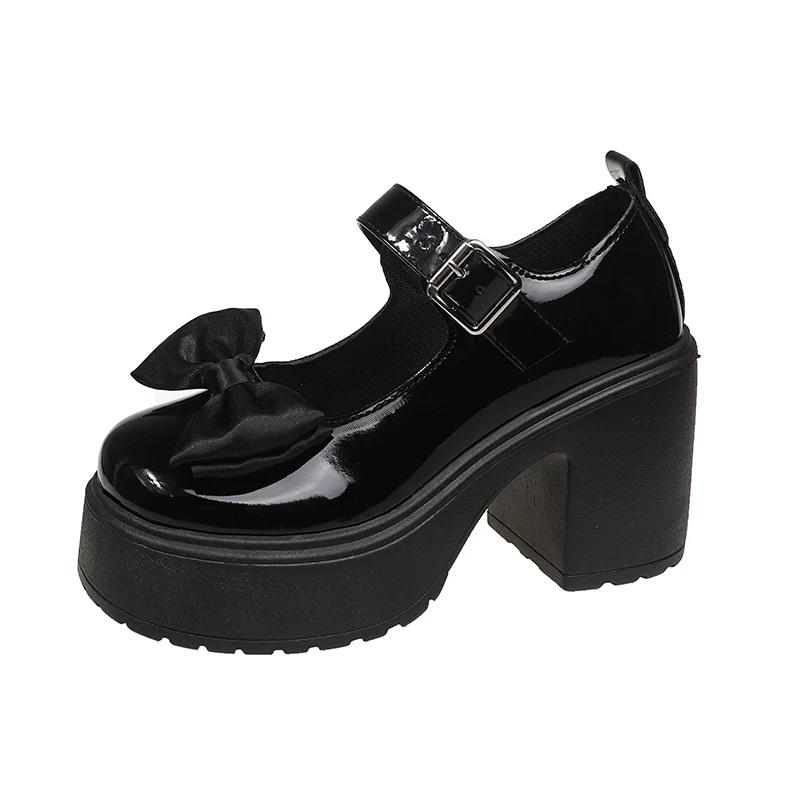 

Fashion 2025New Chunky Heel Shoes Spring Round Head Shallow Mouth Bow One Word Buckle Waterproof Platform Anti-slip Wear Jane Shoes 35