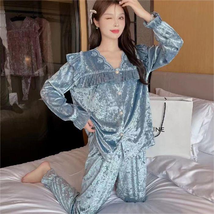 

Женский кардиган из бриллиантового бархата и кружевной комплект для отдыха с длинным рукавом XL синий