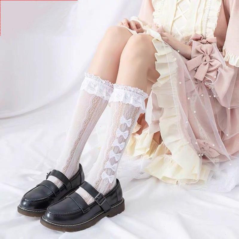 Female Spring and Summer Thin Model Bow Hollow Lace Lace In The Tube Stack Socks