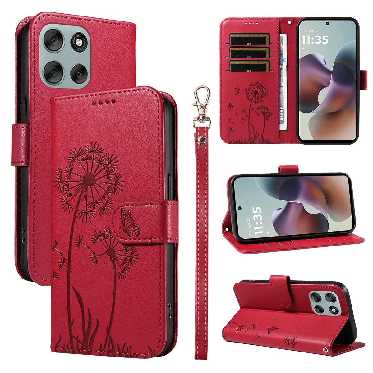 

For Motorola Moto G56 5G Leather Wallet Case with Strap Dandelion Imprint Phone Stand Cover Red