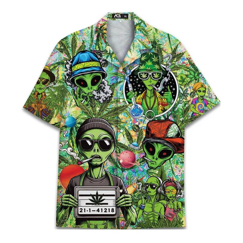 Men's Alien Bigfoot Shirt 3D Neon Print Short Sleeve Hawaiian Shirt Summer Oversized Hip Hop Tops