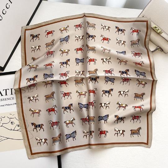 

Vintage Cartoon 70*70 Dark Green Horse Print Square Scarf Imitation Silk Neck Scarf Bandana Classic Head Wrap Hair Accessories One Size