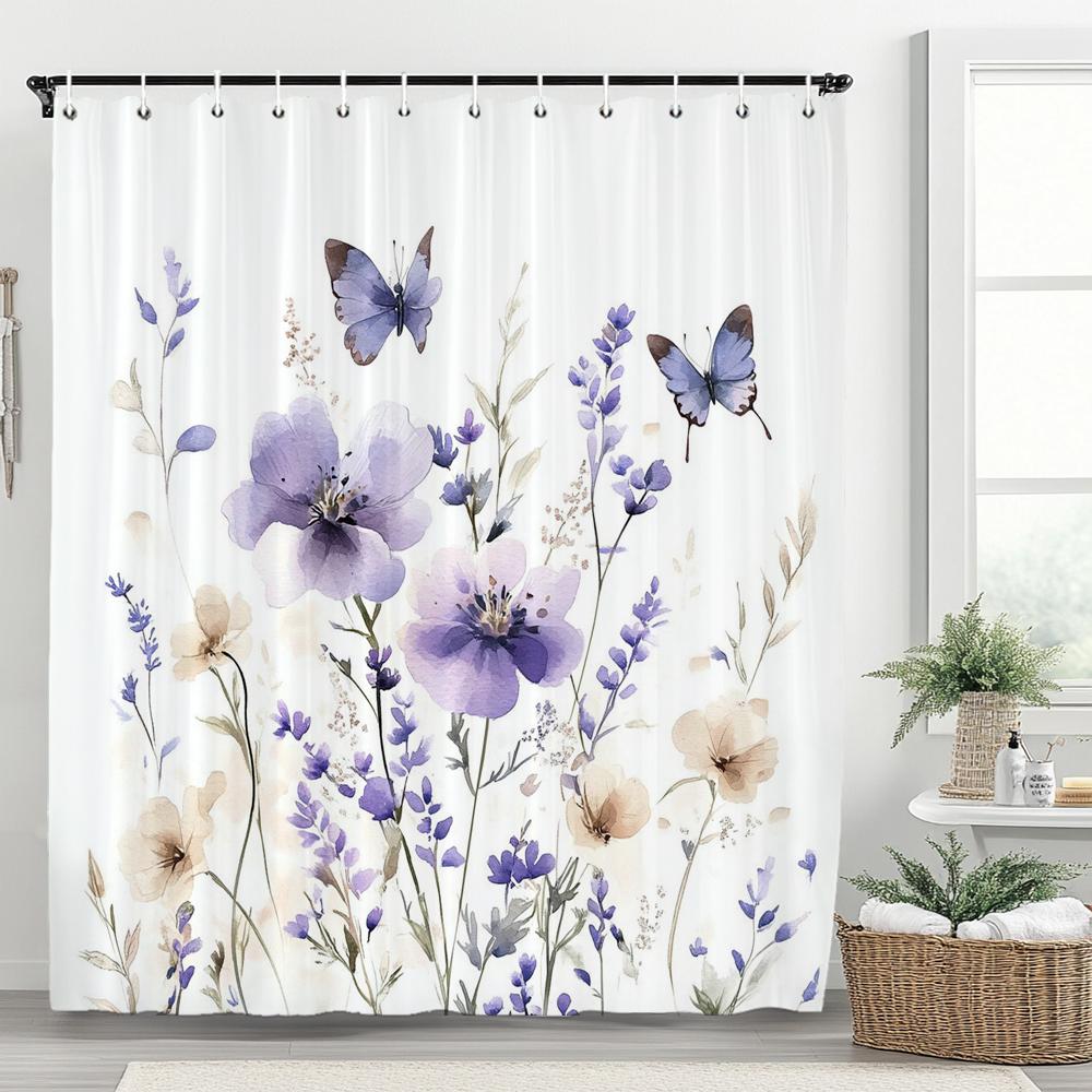 Floral Shower Curtain, Bathroom Watercolor Floral Shower Curtain, Modern Flowers Decorative Fabric Home Curtain With Hooks