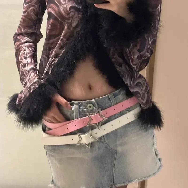 Y2K Pasek ze Sprzączką Gwiazda Różowy Skórzany Elastyczny Pasek Ozdobny Błyszczący Kryształ Retro Panna Młoda Dekoracja Akcesoria