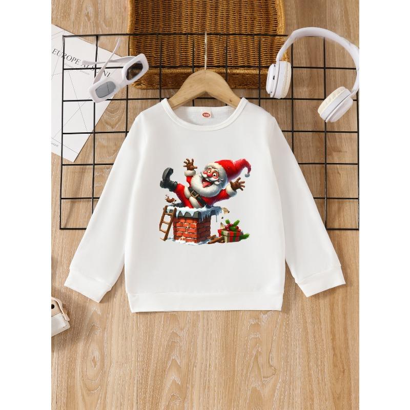 European Sizes Kids' Sweatshirt - Featuring a 'Santa Claus Falling Into a Chimney' Print - Comfortable And Breathable, Casual Crew Neck Sweatshirt