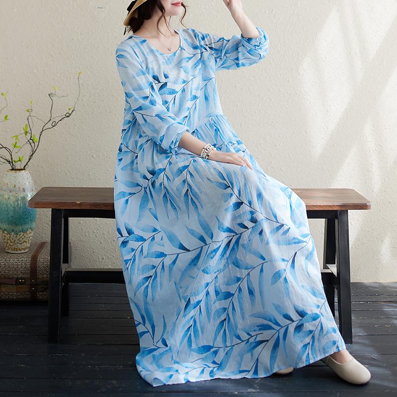 DIMANAF 2024 Rochie de primăvară mărime Plus pentru femei, rochie boemă ocazională cu imprimeu floral, rochie lejeră pentru plajă, decolteu O, verde, femeie