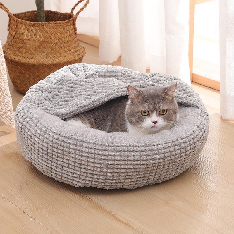 Four Seasons Semi-Enclosed Round Pet Bed for Cats and Dogs