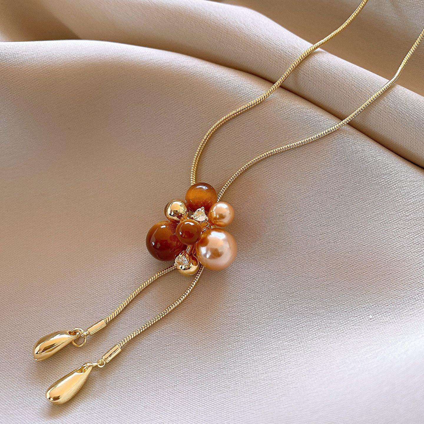 Simple Zircon Geometric Tiger s Eye Tassel Pearl Necklace Accessories Women s Sweater Chain Necklace