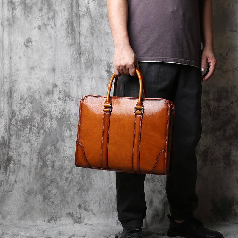 NZPJ Genuine Leather Men Briefcase Primitive natural cowhide Handbag Vintage Casual Computer Bag Fashion Crossbody Bag