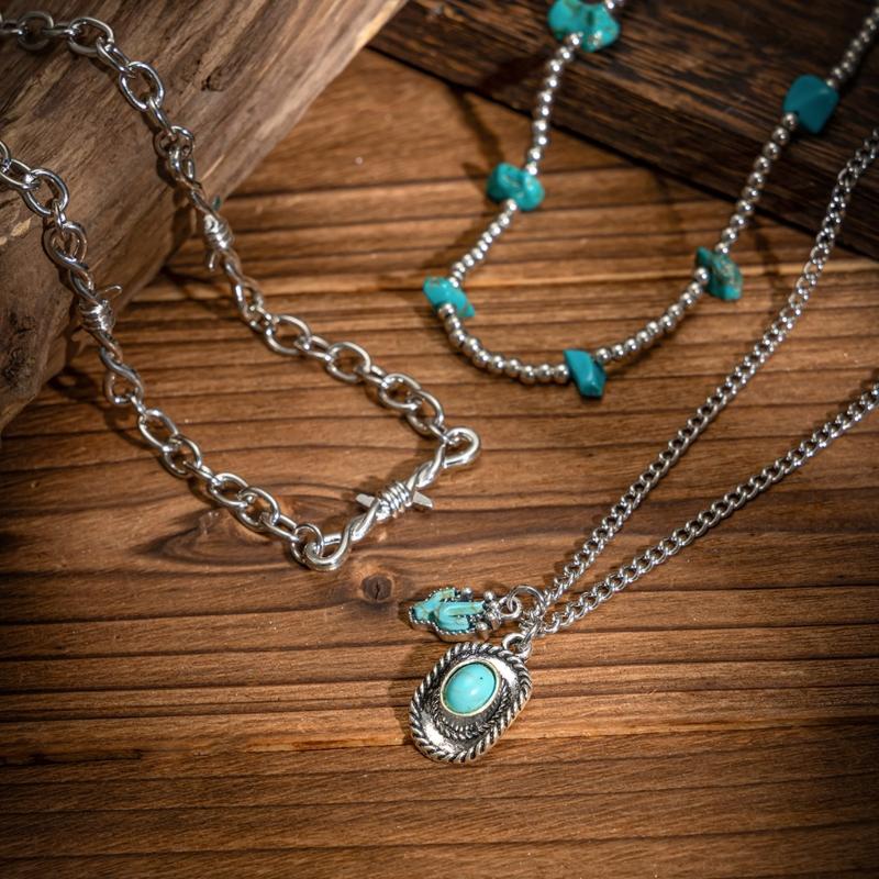 Pack of 3 Bohemian Turquoise Chokers Necklace Featuring Cactus Pendant Portable for Women Seek Western Styles Daily Use