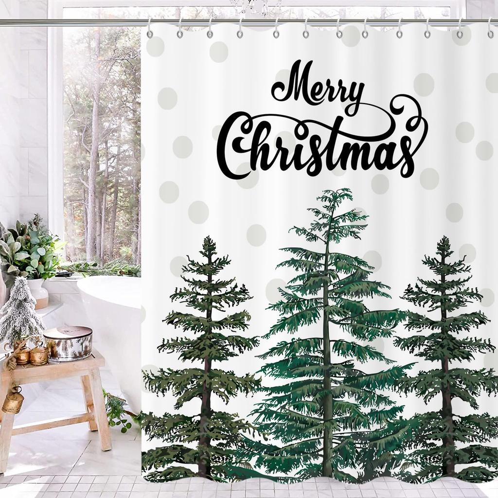 Christmas Shower Curtain Winter Snowy Landscape Forest Shower Curtain Xmas Pine Tree Bath Curtain with Hooks Home Bathroom Decor