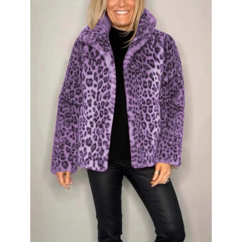 2024 Winter New Foreign Trade Women's Jacket, Best-Selling Fashionable Leopard Print Lapel Faux Fur Wool Top