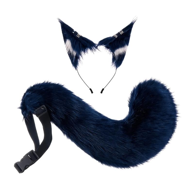 A52E Cats Wolf Foxes Ears Headband Furry Foxes Tail Plush Animal Ear Headband Tail