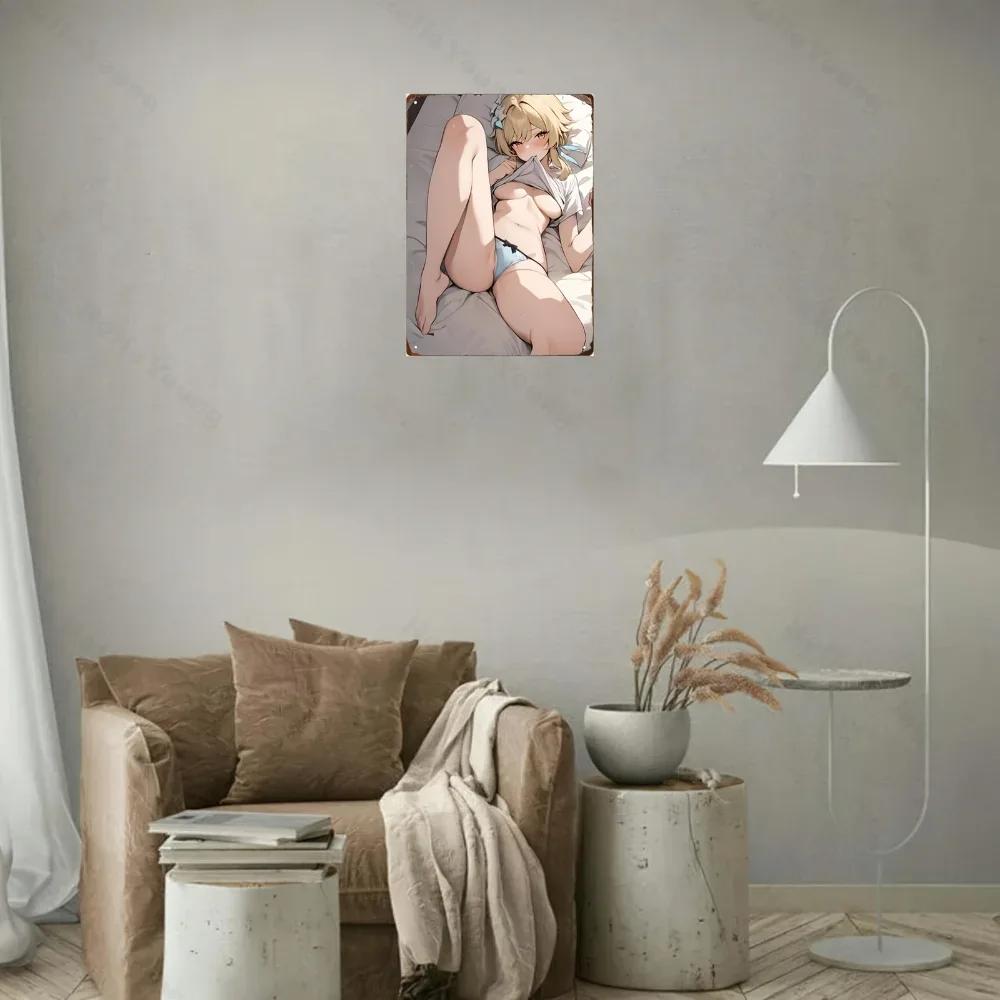 Metal Wall Art Poster of Anime Beauty, Aluminum-Made and Durable.Ideal Vintage Decor for Home, Bar, with Pre-Drilled Hanging Aid
