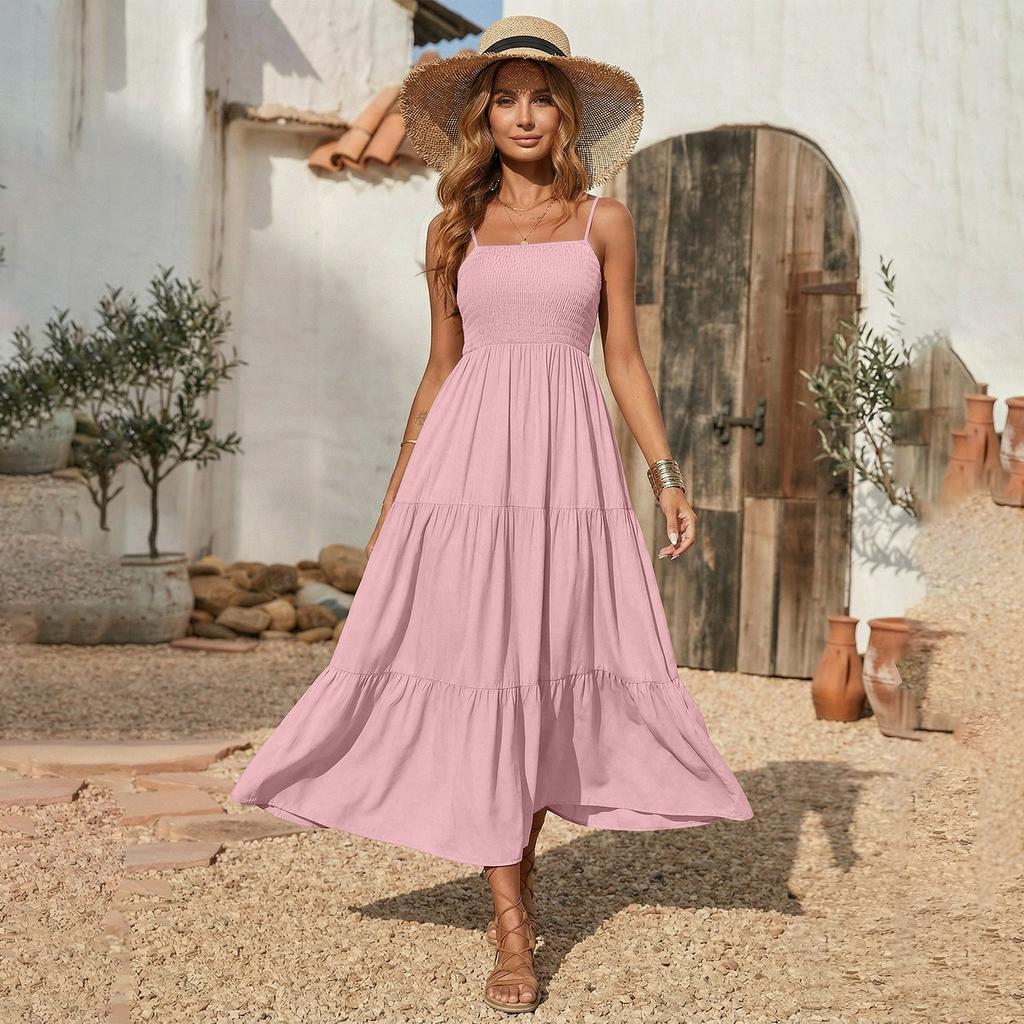 Fashionable Women's Casual Printed Tube Top Shoulder Strap Swing Dress