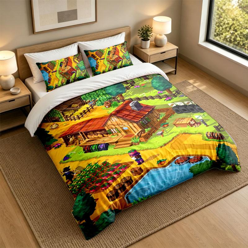 3-teiliges Bettwäsche-SetStardew Valley Weiche Bettwäsche und zwei Kissenbezüge Heim-Schlafzimmer-Dekoration