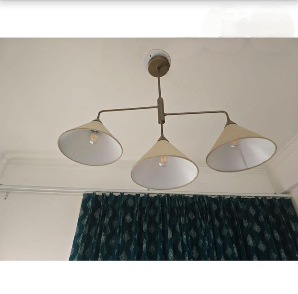Raw Brass Pendant Light Mid Century Modern 3-Light Ceiling Pendant Fabric Shade