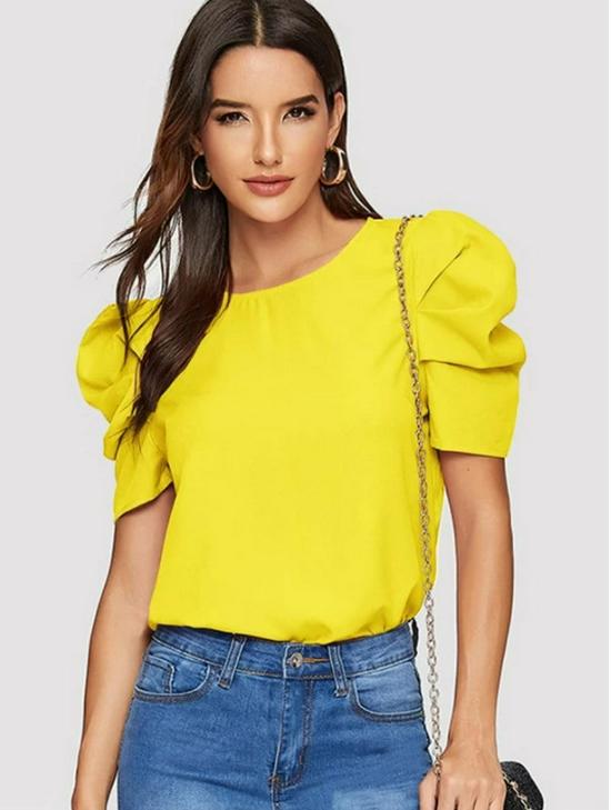 Damen 2024 Slim Einfarbiges Laternenärmel-Top