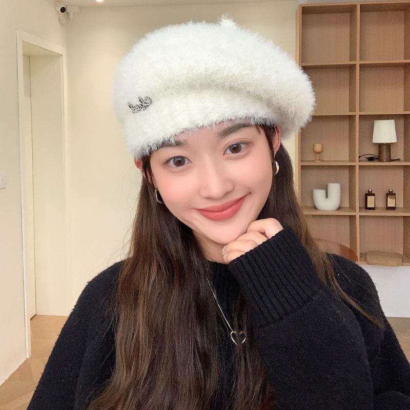 Autumn and winter new hats women's diamond-encrusted alphabet knitted wool beret winter warm pumpkin hat tide