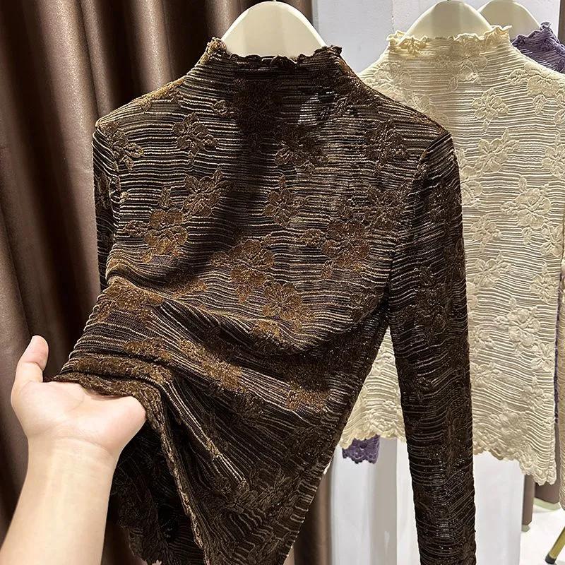 Swetry Topy Damskie Długi Rękaw Jesień Zima Wyściełana Bluzka Oversize Półgolf Luźna Koszula z Długim Rękawem Dopasowane Swetry