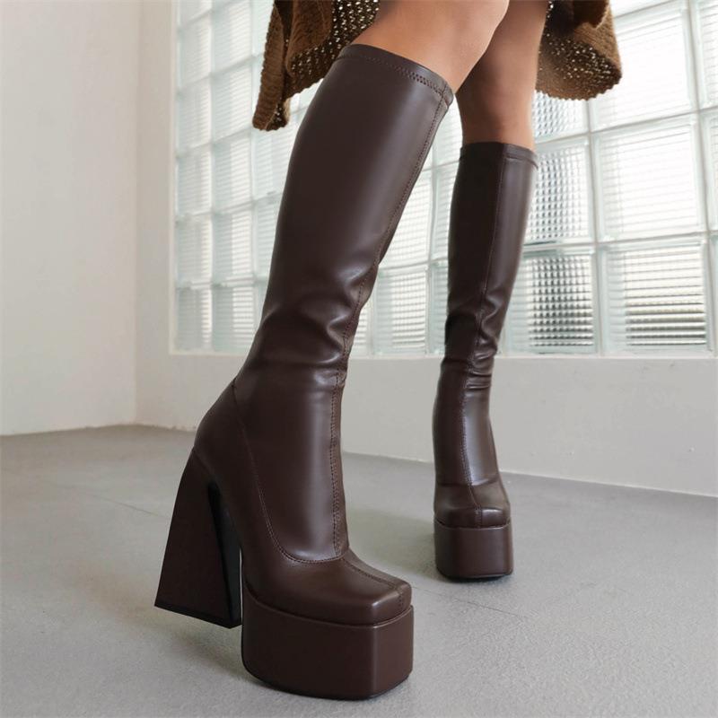 European and American Thick-soled High-heeled Special-shaped and Square-head Fashion Elastic Knee-length Women's Boots