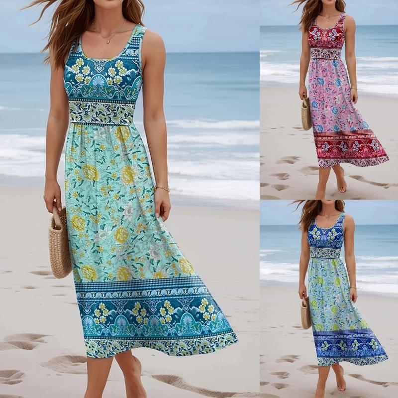 Printed dress seaside beach sleeveless vest long dress women's clothing