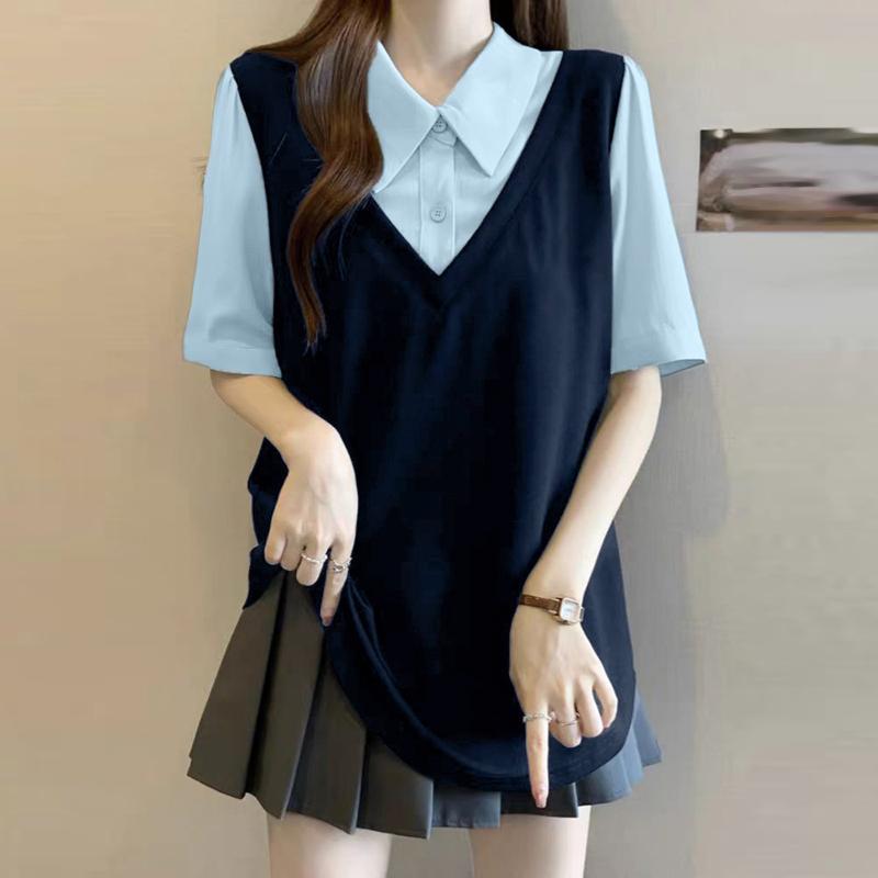 

ZANZEA Женская летняя блузка с отложным воротником, повседневная, с коротким рукавом 3XL синий