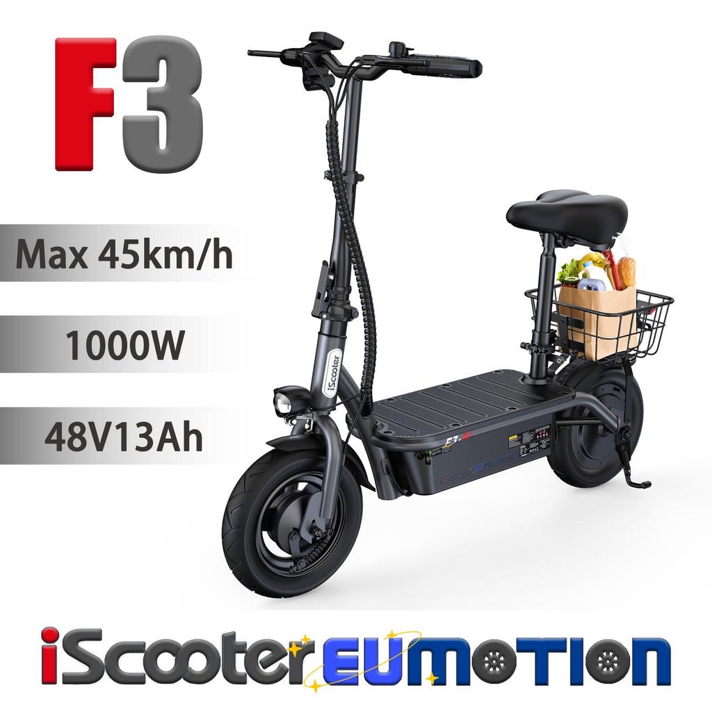 iScooter F3 City Utility E-Scooter 1000W, 48V13Ah, Top Speed 45km/h, Dual Brakes, 10" Road Tires Adult Foldable Grocery E-Scooter with Rear Cargo Rack