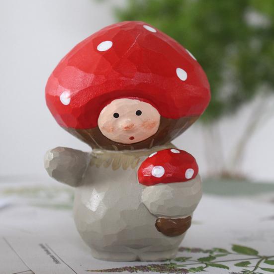 Wooden Mushroom Figurine Hand-Carved Mushroom Elf Holding A Balloon Rustic