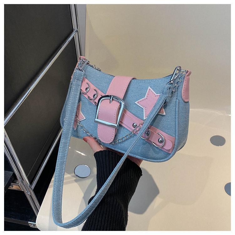 2024 Women's Spring Korean Style Armpit Bag Street Chic Denim Shoulder Bag Casual Small Square Bag Trendy Chain Bag Black