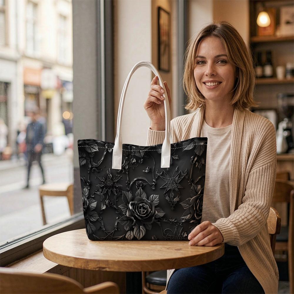 Gothic Black Rose Pattern Tote Bag Casual Daily Outdoor Carry Handbag Stylish Women Shopping Shoulder Bag