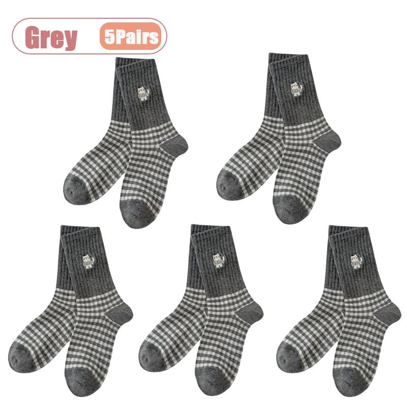 1-10Pairs Vintage Black White Plaid Mid Calf Socks for Women Autumn Winter Cute Cat Cartoon Design Cotton Long Socks