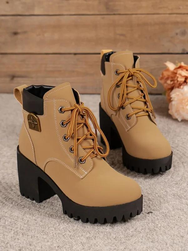 Women's Fashion thick heels faux suede ankle boots new lace up Western boots woman spring autumn pointy short Botas plus size 42