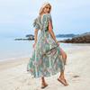 Floral Print V-neck Ruffled Short Sleeve Dress Women Casual A-Line High Waist Backless Slit Ankle-Length Spring Dress