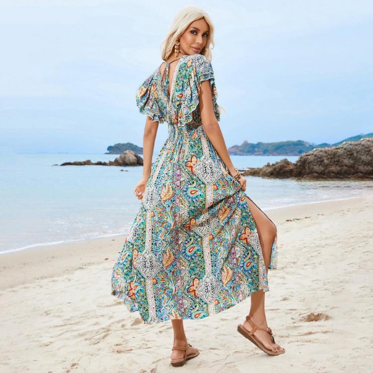 Floral Print V-neck Ruffled Short Sleeve Dress Women Casual A-Line High Waist Backless Slit Ankle-Length Spring Dress