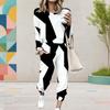 Women Plus Size Black White Printed Round Neck Long Sleeve Cuffed Top Cuffed Pants Two Piece Set