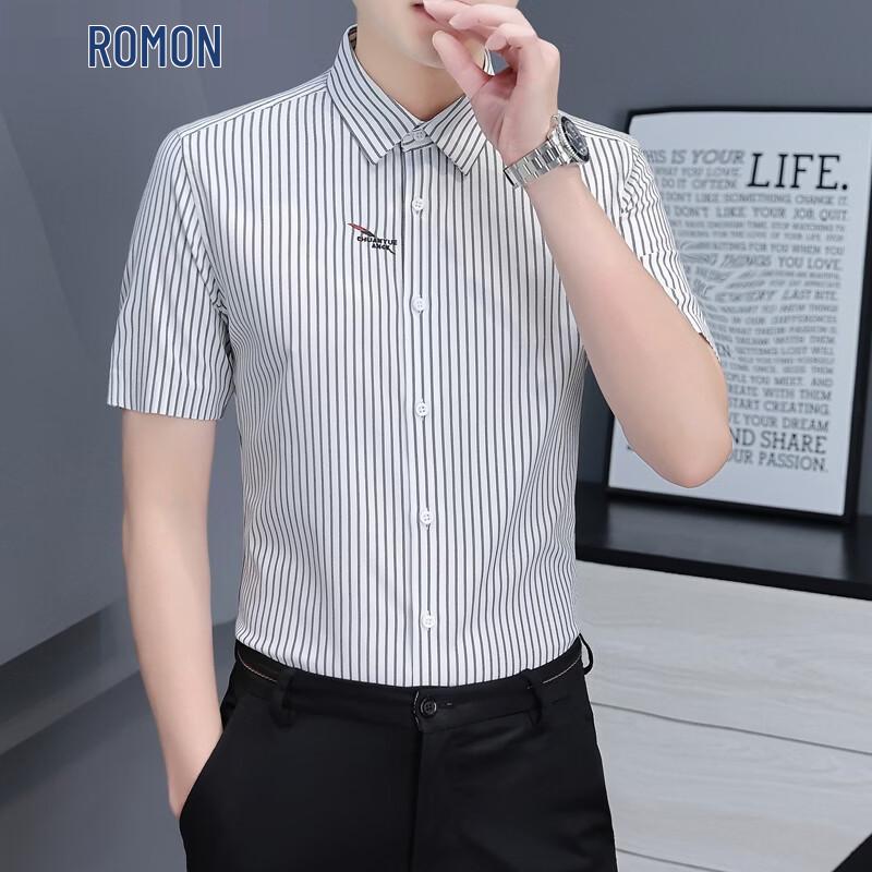ROMON Men s Seamless Yarn-Dyed Striped Short-Sleeve Shirt 4XL