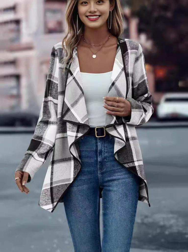 2024 Women's Plaid Print Long-sleeved Jacket - European & American Spring/Autumn Fashion