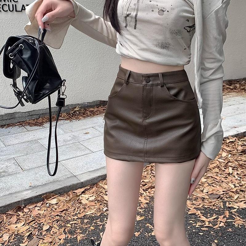 Summer 2025 Petite High Waist A-Line Brown PU Leather Skirt for Women