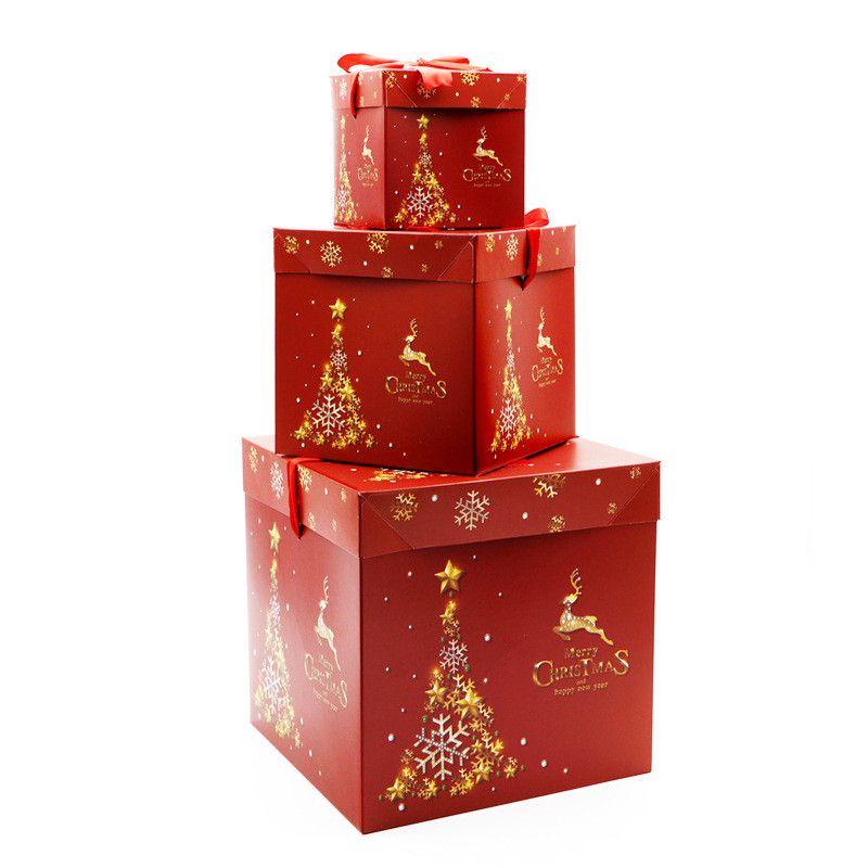 Premium Large 3pcs Christmas Gift Box With Lid  Ribbon Xmas Present Square Box